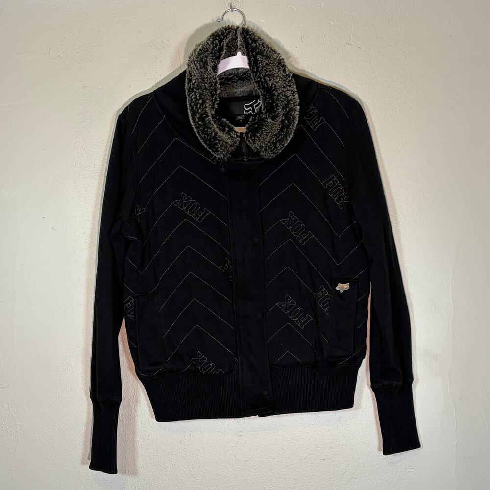 y2k 2000s Fox Racing Women's Black Faux Fur‎ Collar Quilted Bomber Jacket, XL